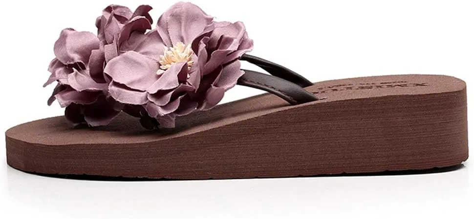 MIOKE Women's Flowers Low Wedge Flip Flops Summer Platform Comfort Anti-Slip Floral Beach Thong Sandals