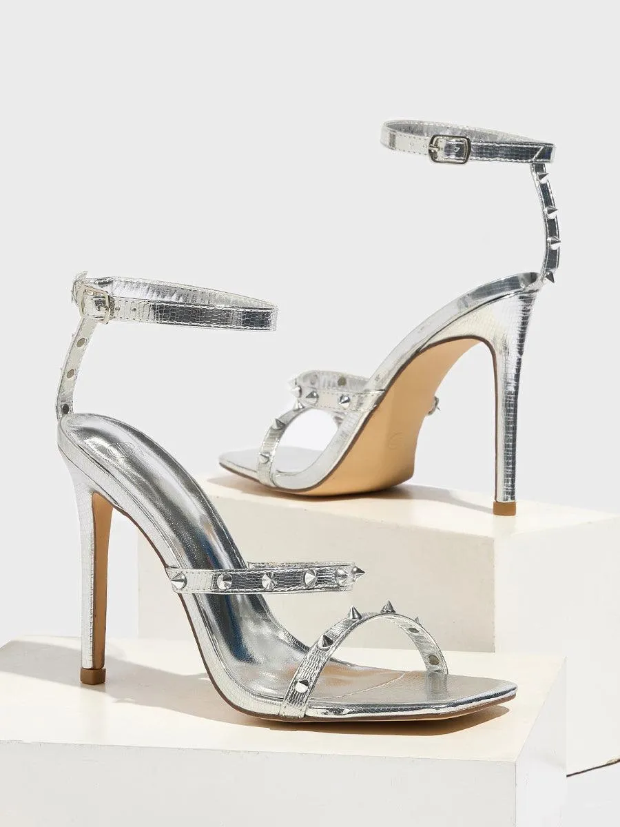 Red Studded Buckle Metallic Heels MHE11121