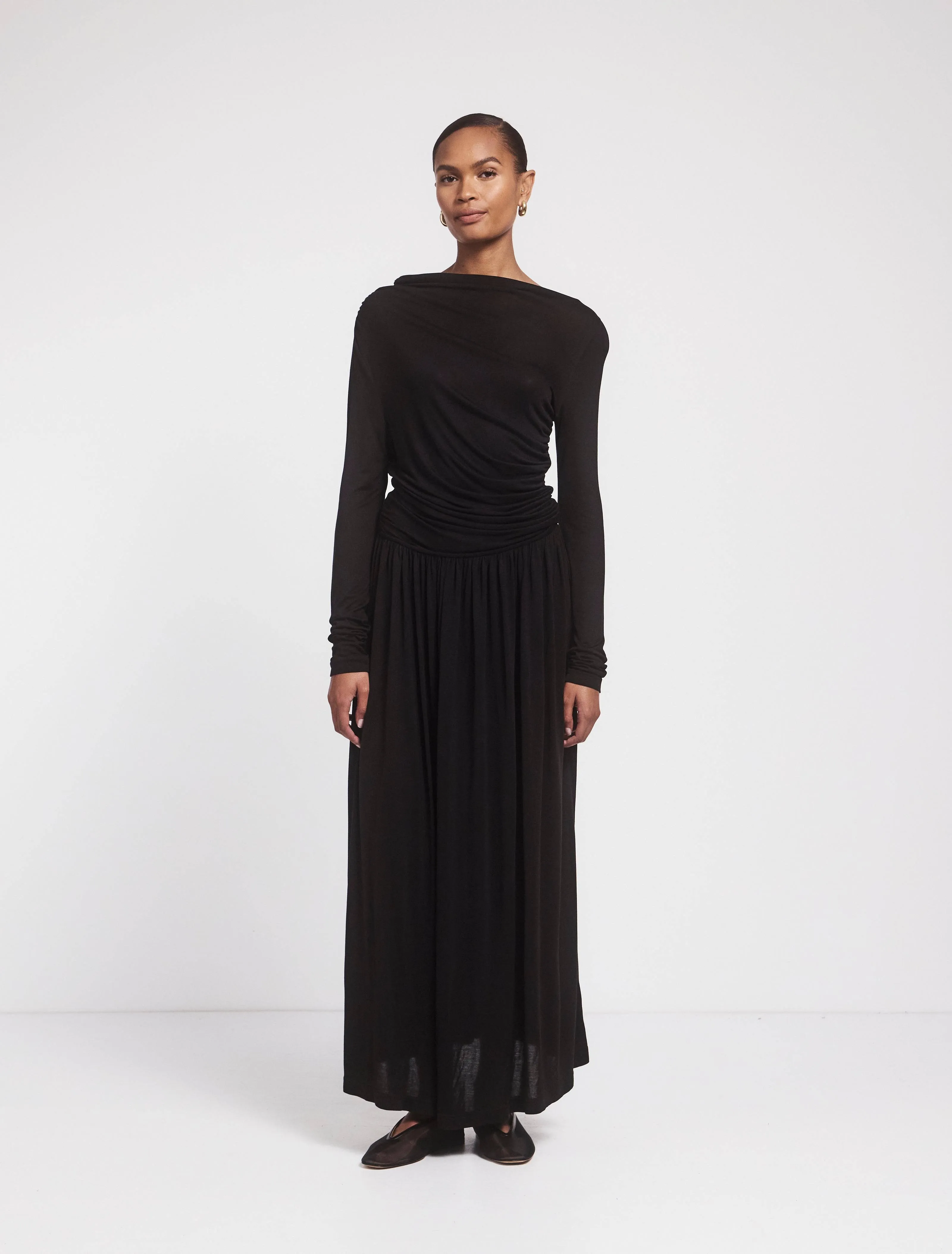 Romy Long Sleeve Draped Dress in Black