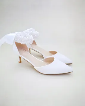 Satin Pointy Toe Low Heels with Perla Ankle Strap