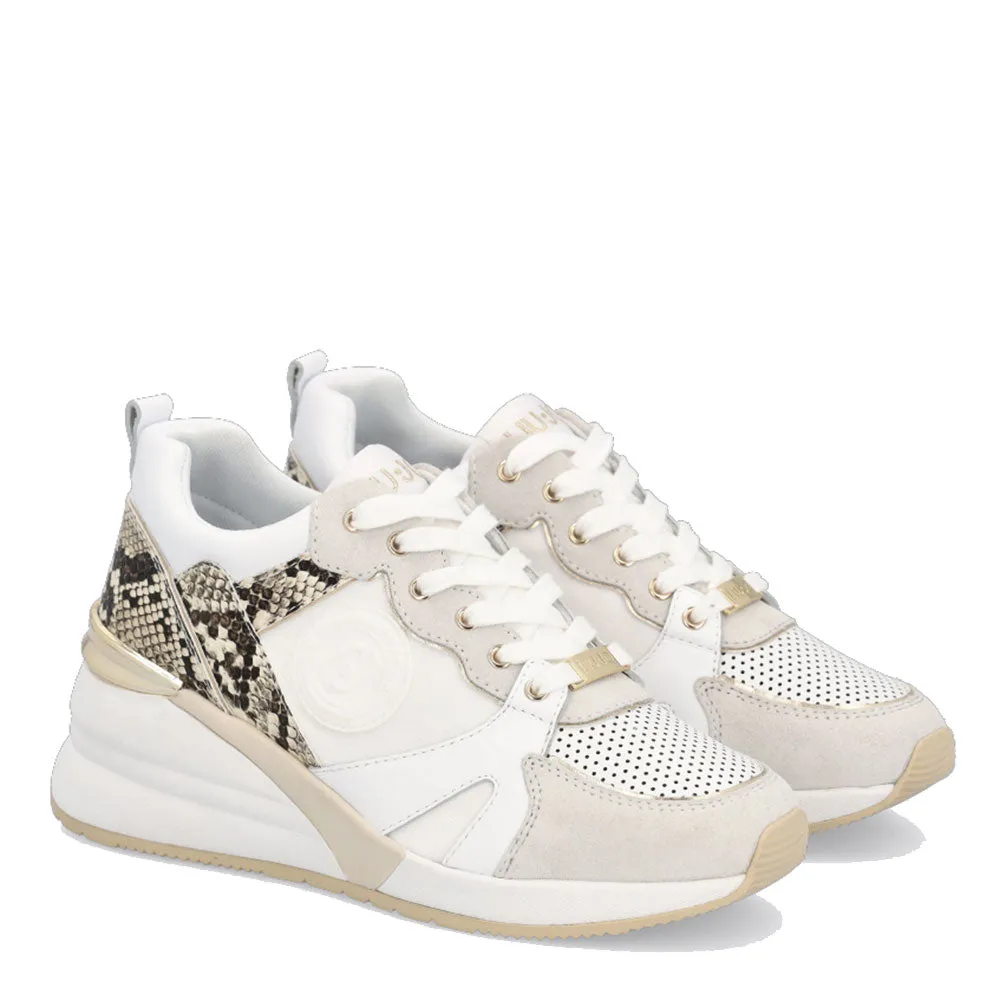 Scarpe Donna LIU JO Sneakers con Zeppa in Raso e Pelle color Panna con Stampa Pitone