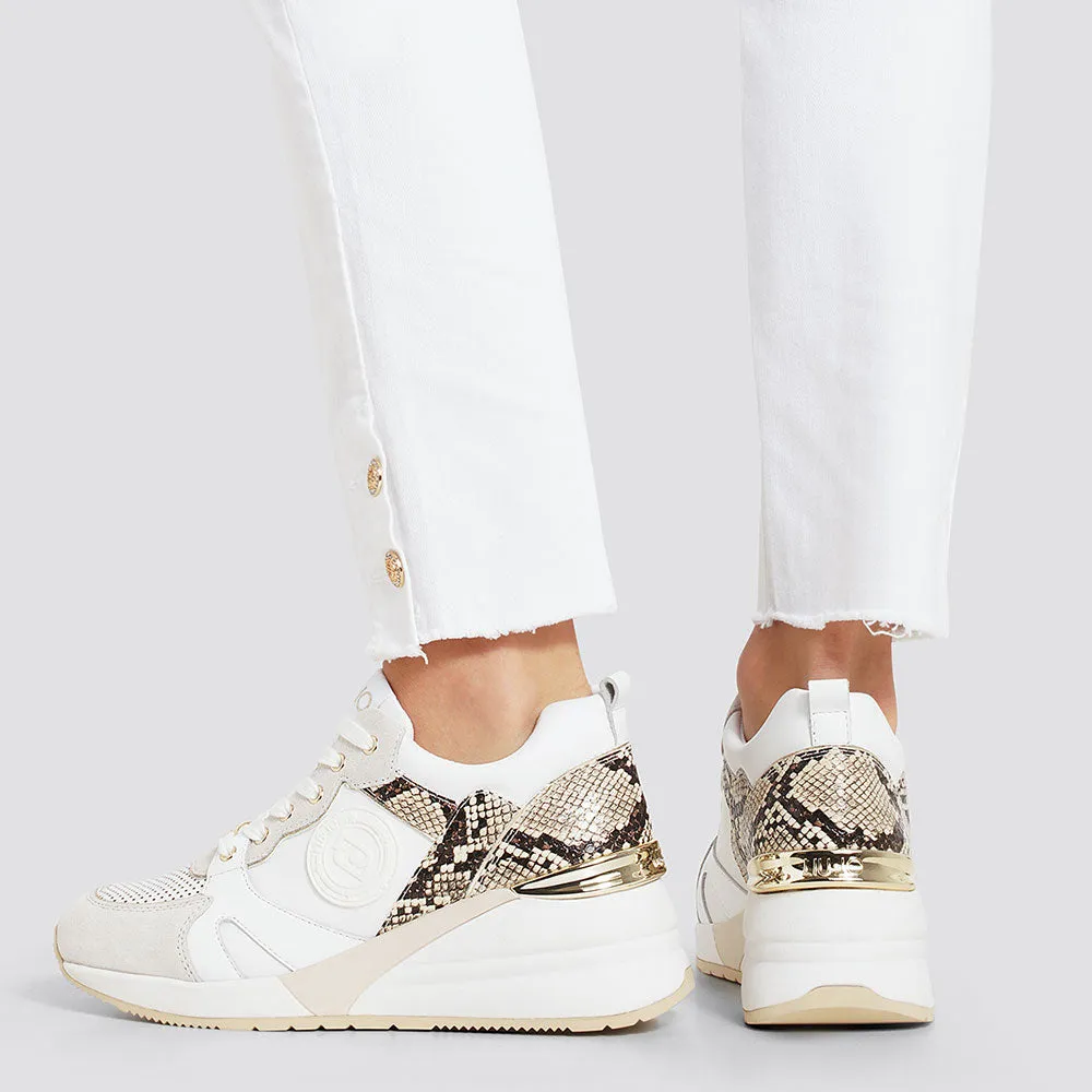 Scarpe Donna LIU JO Sneakers con Zeppa in Raso e Pelle color Panna con Stampa Pitone