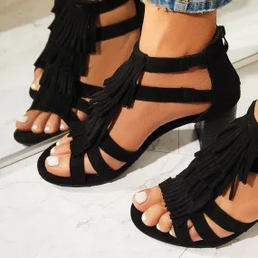 Tassel Chunky Block Heels Open Toe Ankle Strap Dress Sandals