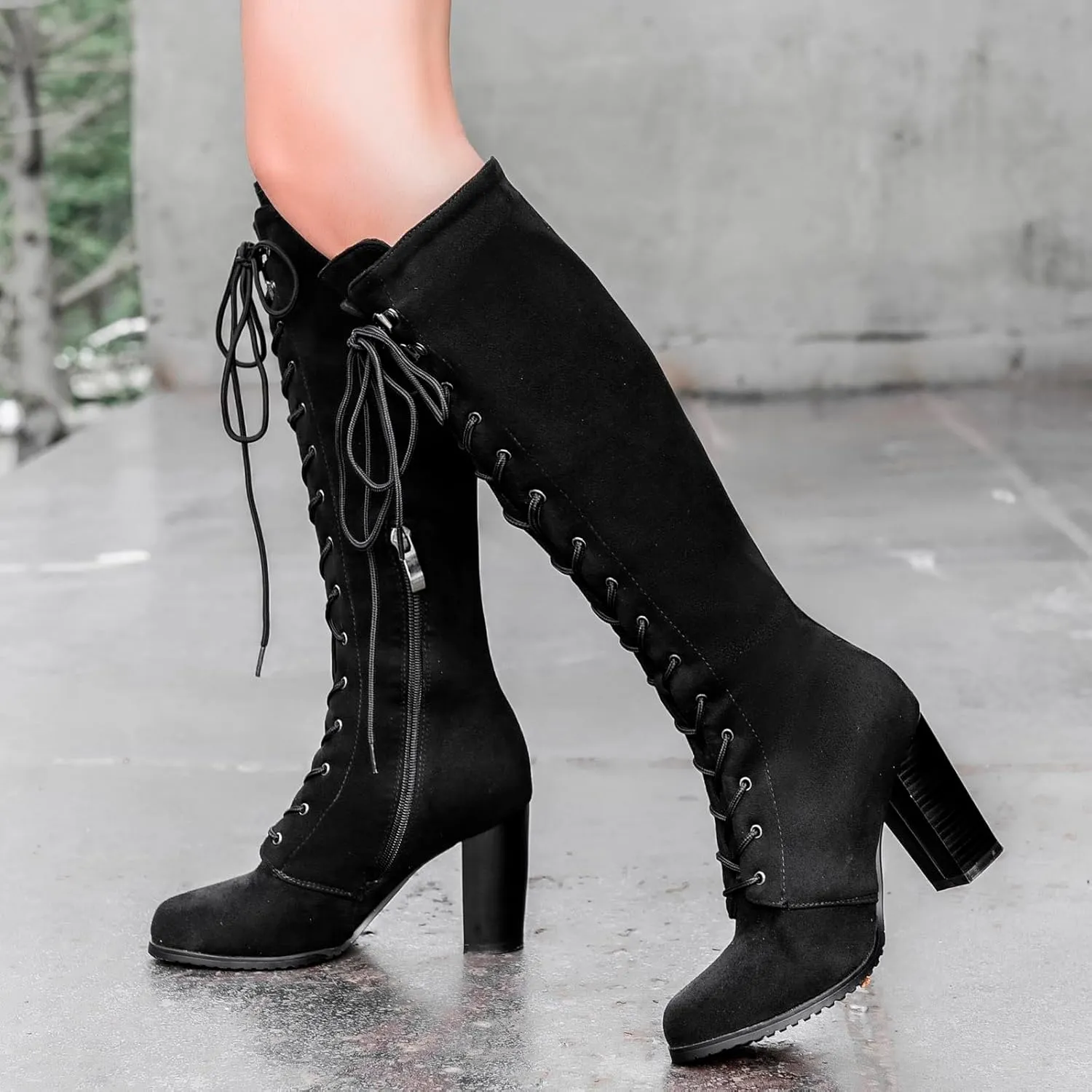 Womens Boots Winter Insulated Warm Lace Up Side Zipper Boots for Women Durable PU Leather Knee High Boots Women