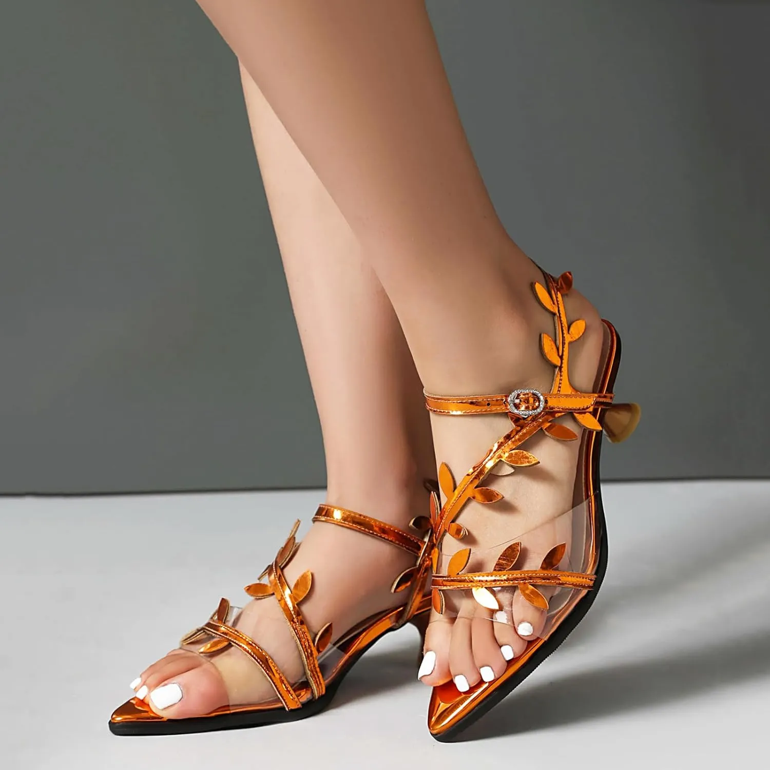 Women's kitten heel Strappy Clear Sandals Elegant Tie Up Pointed Toe Sandals