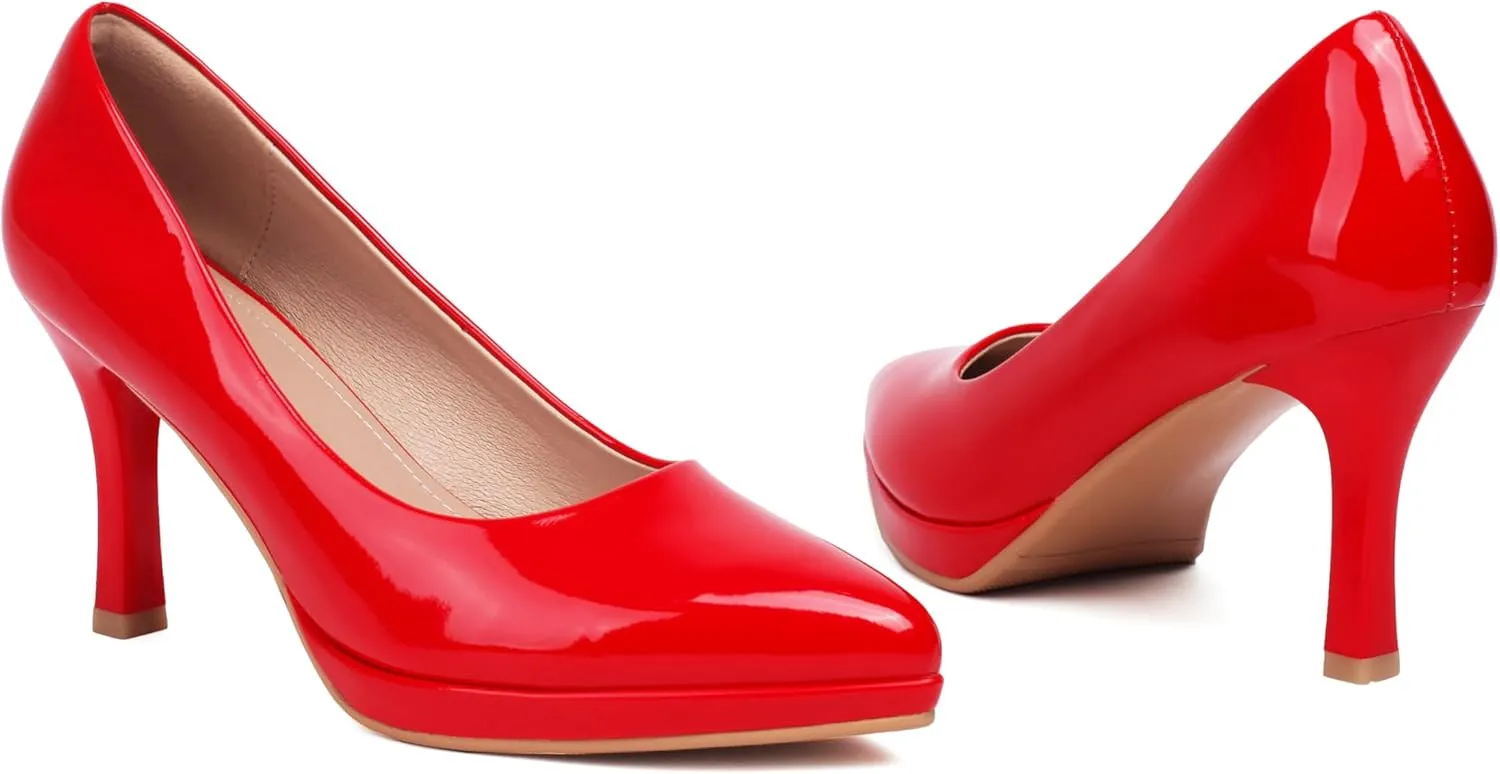 XIEDA Women's Pointed Toe Low Platform High Heels 3 Inch Patent Leather Pumps Classic Elegant for All Occasions