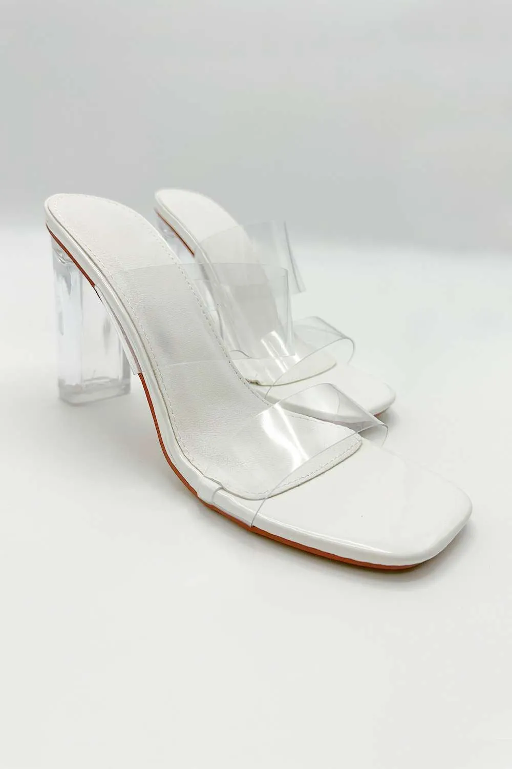 Yara Perspex Band Block Heel Mules in White