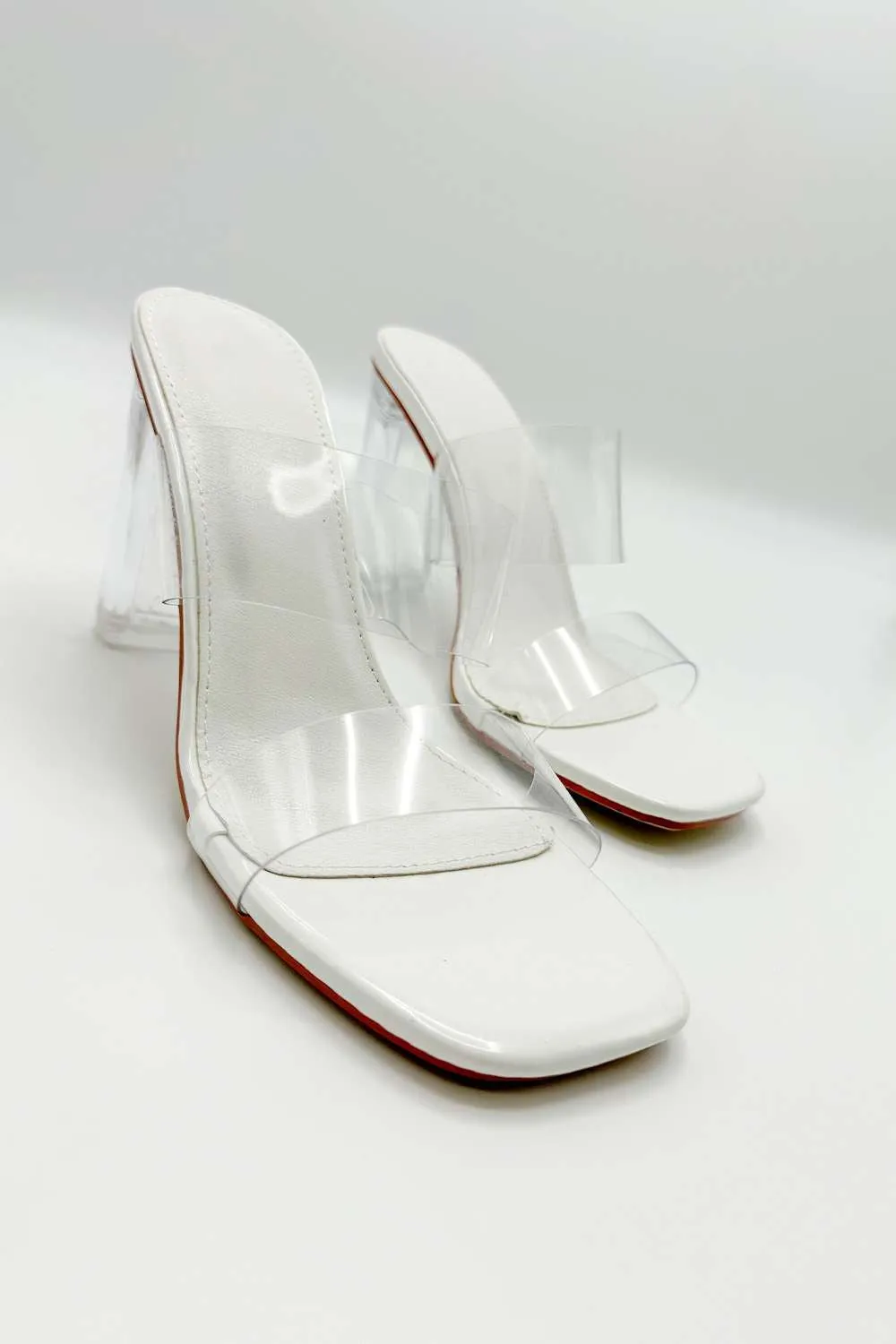 Yara Perspex Band Block Heel Mules in White