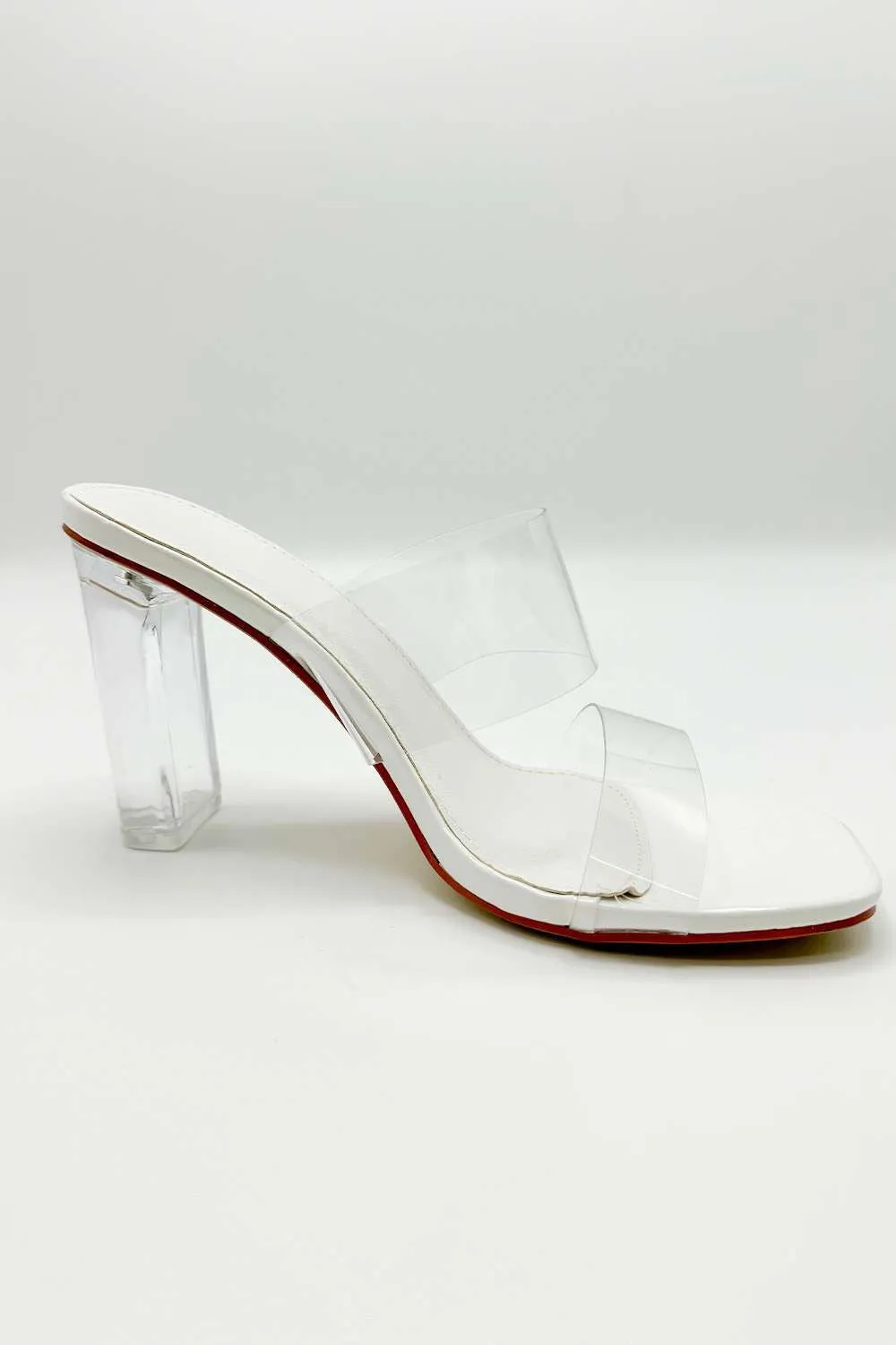 Yara Perspex Band Block Heel Mules in White