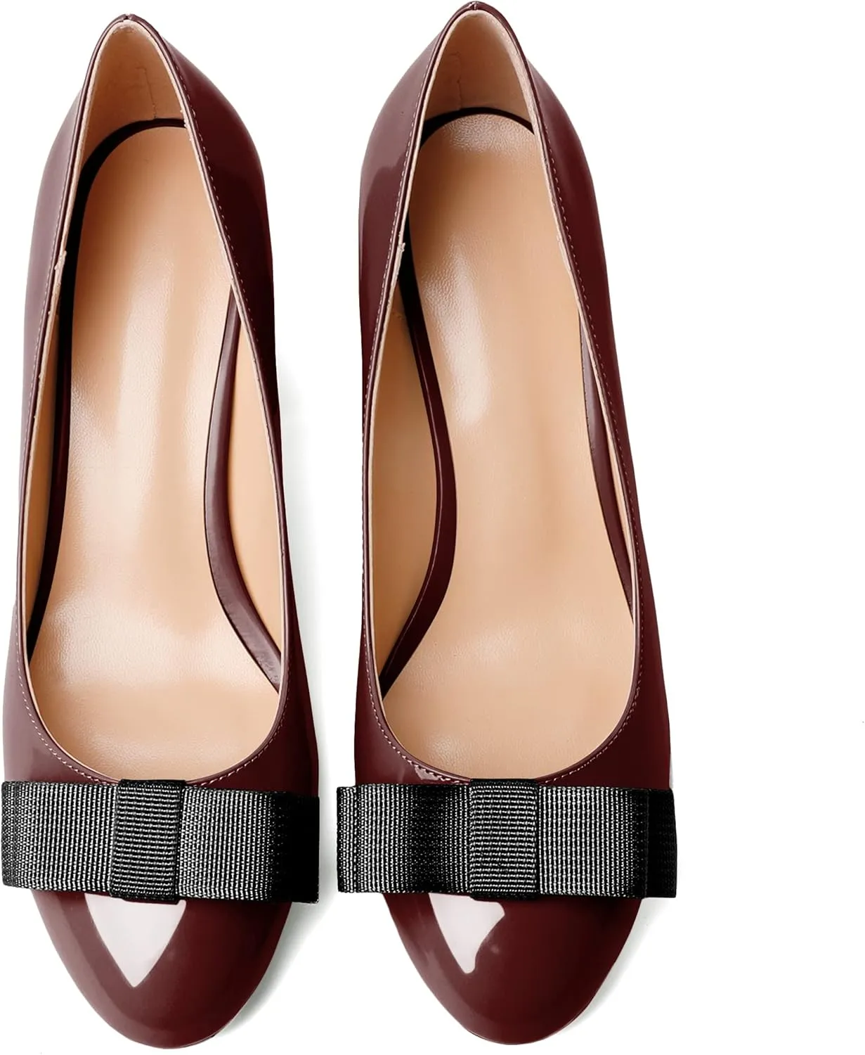 YODEKS Women Low Block Chunky Heels Round Toe Sexy Slip On Pumps 2.5 Inch Mid Heel Elegant Black Bow Comfort Shoes