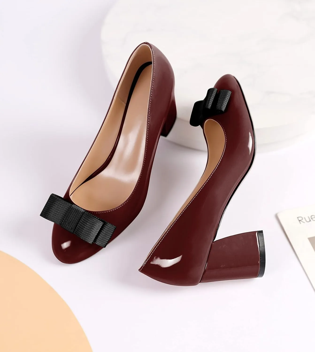 YODEKS Women Low Block Chunky Heels Round Toe Sexy Slip On Pumps 2.5 Inch Mid Heel Elegant Black Bow Comfort Shoes