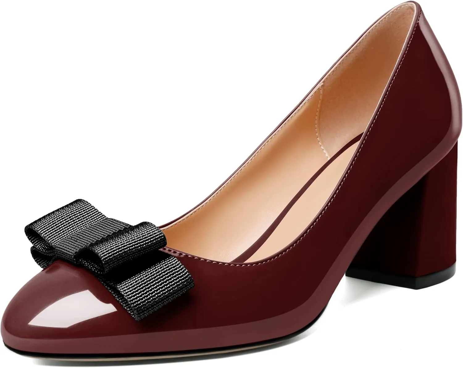 YODEKS Women Low Block Chunky Heels Round Toe Sexy Slip On Pumps 2.5 Inch Mid Heel Elegant Black Bow Comfort Shoes