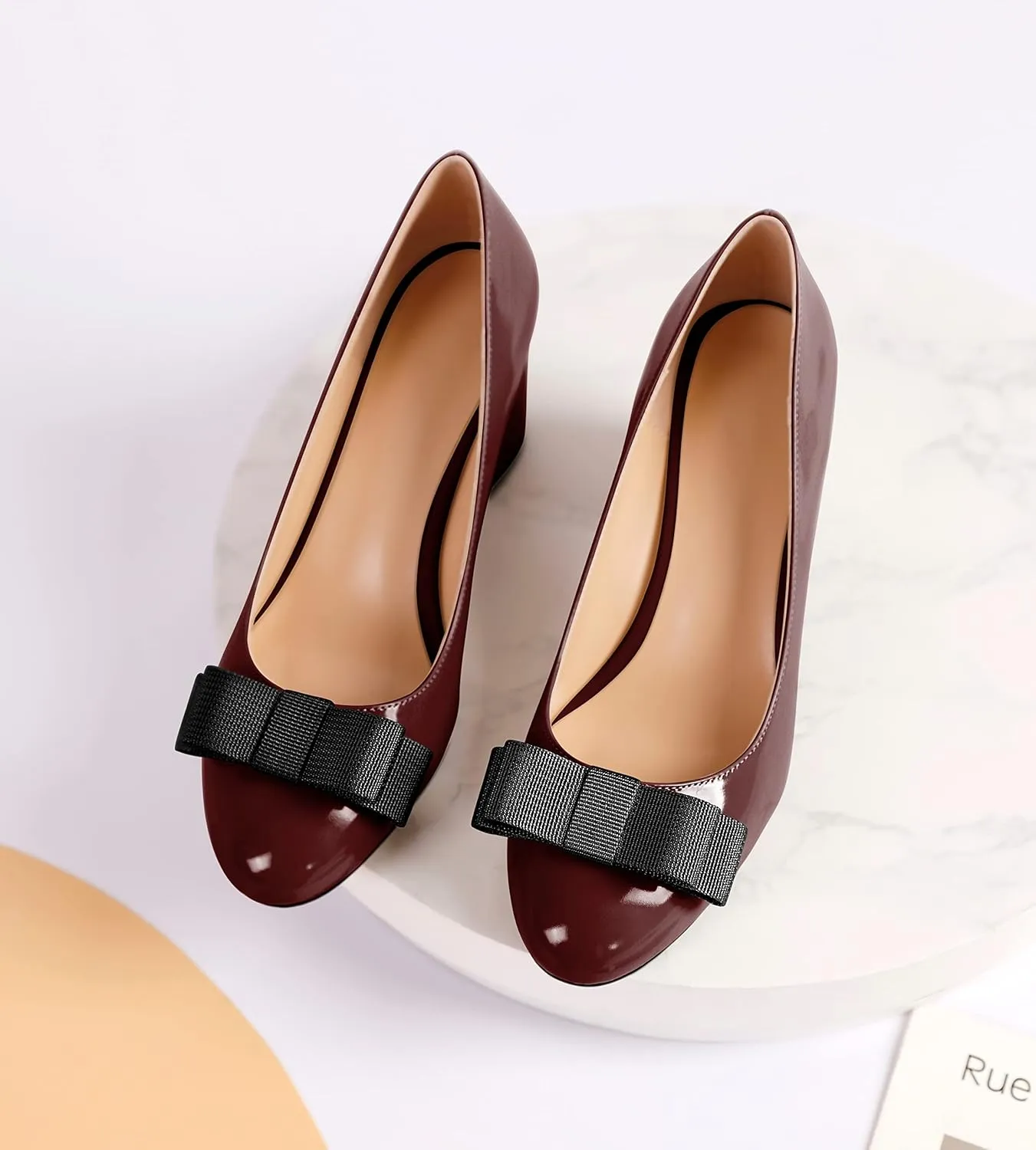 YODEKS Women Low Block Chunky Heels Round Toe Sexy Slip On Pumps 2.5 Inch Mid Heel Elegant Black Bow Comfort Shoes