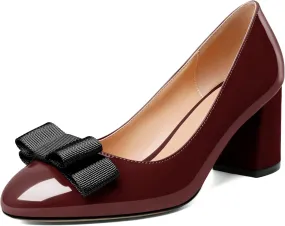 YODEKS Women Low Block Chunky Heels Round Toe Sexy Slip On Pumps 2.5 Inch Mid Heel Elegant Black Bow Comfort Shoes